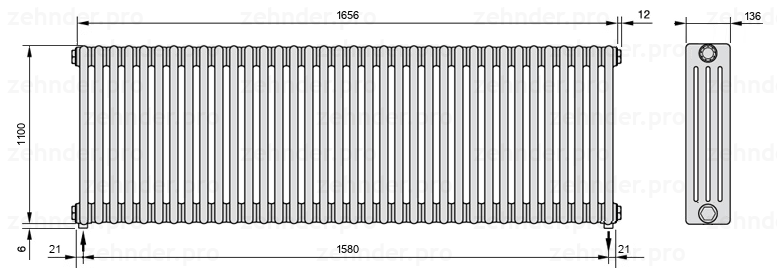 Схема (чертеж) Радиатор Zehnder Charleston 4110/36 №3570 Белый глянцевый RAL 9016